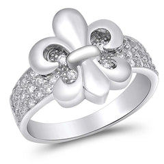 Sterling Silver Fleur De Lis Clear CZ RingAnd Face Height 12mm