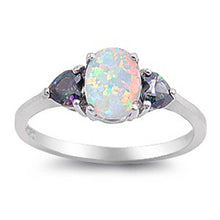 Load image into Gallery viewer, Sterling Silver Elegant 3 Stone Ring with Centered Oval Cut Lab Opal Stone and Two Rainbow Topaz Heart Cut CZ's Side Views On Prong Setting, Face Height 8MM