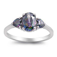 Load image into Gallery viewer, Sterling Silver Elegant 3 Stone Ring with Centered Oval Cut Rainbow Topaz and Two Heart Cut CZ Side Views On Prong Setting, Face Height 6MM