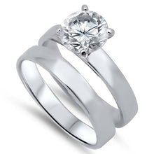 Load image into Gallery viewer, Sterling Silver Simple 2 Piece Engagement Ring Set with a 4 Prong Set Round Clear CZ in the CenterAnd Ring Face Height of 10MM and Ring Band Width of 3MM