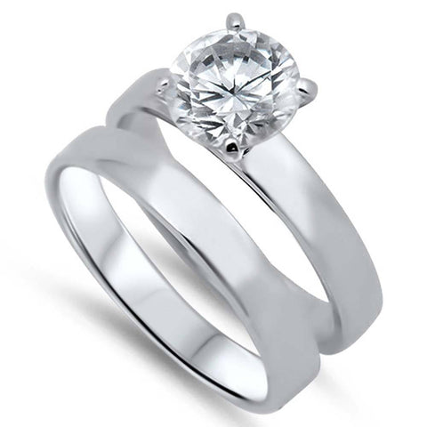 Sterling Silver Simple 2 Piece Engagement Ring Set with a 4 Prong Set Round Clear CZ in the CenterAnd Ring Face Height of 10MM and Ring Band Width of 3MM