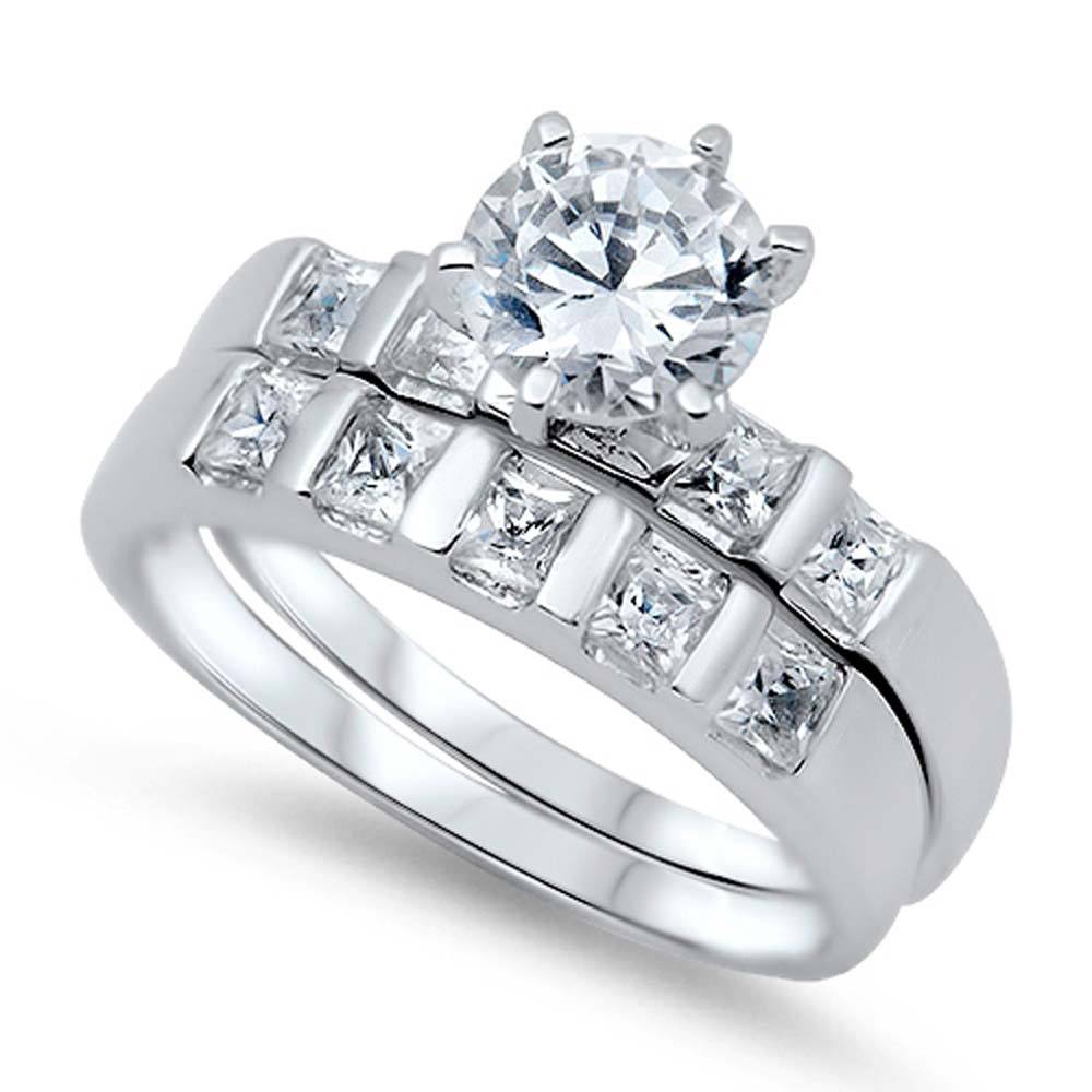 Sterling Silver Emerald Cut Clear CZ 2 Piece Engagement Ring Set with a 6 Prong Set 7MM Round Clear CZ in the CenterAnd Combined Ring Face Height of 8MM