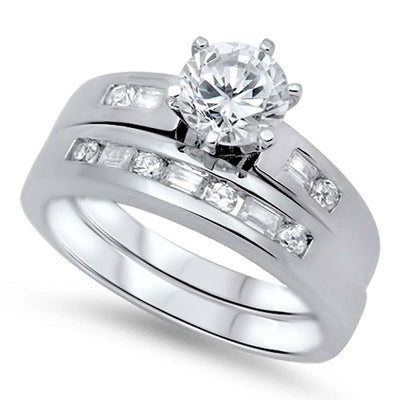 Sterling Silver Clear CZ Stylish 2 Piece Engagement Ring Set with 6 Prong Set 7MM Round Clear CZ in the CenterAnd Combined Ring Face Height of 8MM
