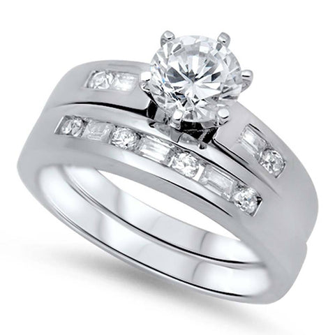 Sterling Silver Clear CZ Stylish 2 Piece Engagement Ring Set with 6 Prong Set 7MM Round Clear CZ in the CenterAnd Combined Ring Face Height of 8MM