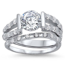 Load image into Gallery viewer, Sterling Silver Clear CZ Fancy Split Band 2 Piece Engagement Ring Set with a Round Clear CZ in the CenterAnd Ring face Height of 8MM and Ring Band Width of 3MM