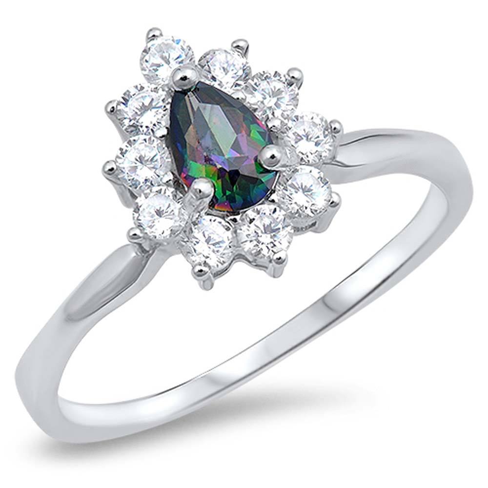Sterling Silver Elegant Solitare Rainbow Topaz Pear Cut Simulated Diamond On Halo Design SettingAnd with Face Height 8MM