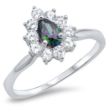 Load image into Gallery viewer, Sterling Silver Elegant Solitare Rainbow Topaz Pear Cut Simulated Diamond On Halo Design SettingAnd with Face Height 8MM