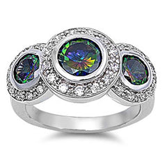 Sterling Silver Fancy 3 Stone Round Cut Rainbow Topaz CZ On Bezel Setting with Halo DesignAnd Face Height 12MM