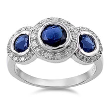 Load image into Gallery viewer, Sterling Silver Three Stones Synthetic Blue Sapphire Round Shaped Clear CZ RingAnd Face Height 12mmAnd Band Width 3mm