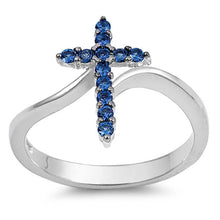 Load image into Gallery viewer, Sterling Silver Cross Shaped Blue Sapphire CZ Ring And Face Height 15mm