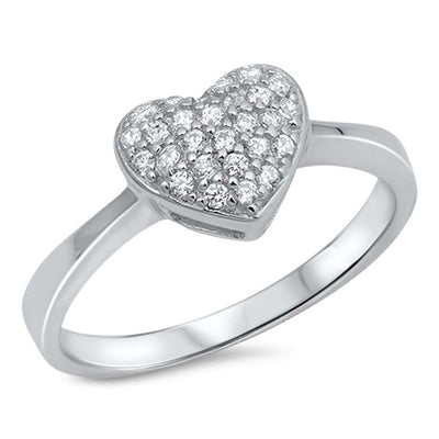 Sterling Silver Heart Shaped Clear CZ Ring, Face Height 10mm, Band Width 2mm