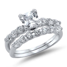 Load image into Gallery viewer, Sterling Silver Round Clear CZ 2 Piece Fancy Engagement Ring Set with a 4 Prong Set Princess Cut Clear CZ in the CenterAnd Ring face Height of 10MM and Ring Band Width of 3MM