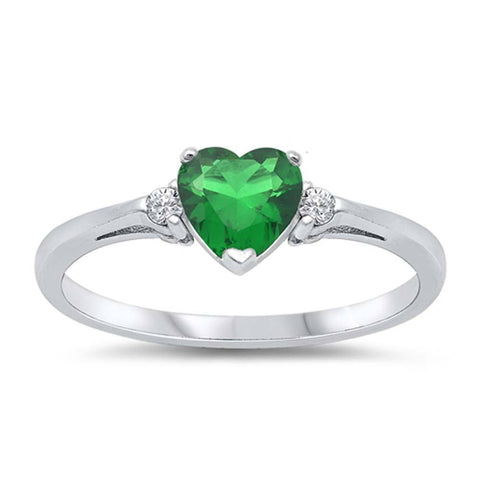 Sterling Silver Trendy Emerald CZ Heart Ring with Clear CZ on Both SidesAnd Face Height 6 mm