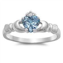 Load image into Gallery viewer, Sterling Silver Claddagh Crown Heart Ring with Centered Aquamarine CZ Heart &amp; Small Clear CZ on Crown, Face Height of 9MM