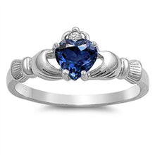 Load image into Gallery viewer, Sterling Silver Claddagh Crown Heart Ring with Centered Blue Sapphire CZ Heart &amp; Small Clear CZ on Crown, Face Height of 9MM