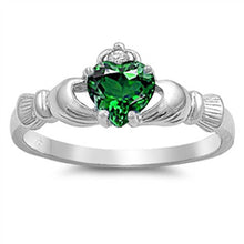 Load image into Gallery viewer, Sterling Silver Claddagh Crown Heart Ring with Centered Emerald CZ Heart &amp; Small Clear CZ on Crown, Face Height of 9MM