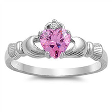 Load image into Gallery viewer, Sterling Silver Claddagh Crown Heart Ring with Centered Pink CZ Heart &amp; Small Clear CZ on Crown, Face Height of 9MM