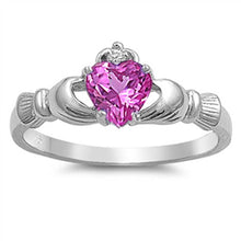 Load image into Gallery viewer, Sterling Silver Claddagh Crown Heart Ring with Centered Clear CZ Heart &amp; Small Rose Pink CZ on Crown, Face Height of 9MM