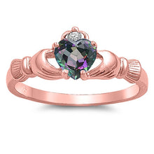 Load image into Gallery viewer, Sterling Silver Claddagh Crown Heart Ring with Centered Rainbow Heart CZ &amp; Small Clear CZ on Crown, Face Height of 9mm