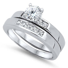 Load image into Gallery viewer, Sterling Silver Channel Set Princess Cut Clear CZ 2 Piece Fancy Engagement Ring Set with 4 Prong Set Round Clear CZ in the CenterAnd Ring Face Height of 7MM and Ring Band Width of 3MM