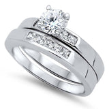 Sterling Silver Channel Set Princess Cut Clear CZ 2 Piece Fancy Engagement Ring Set with 4 Prong Set Round Clear CZ in the CenterAnd Ring Face Height of 7MM and Ring Band Width of 3MM