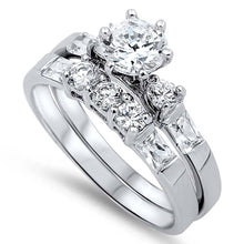 Load image into Gallery viewer, Sterling Silver Round and Emerald Cut Clear CZ 2 Piece Engagement Ring Set with 6 Prong Set Round Clear CZ in the CenterAnd Ring Face Height of 7MM and Ring Band Width of 3MM