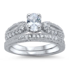 Load image into Gallery viewer, Sterling Silver Pave Set Clear CZ Fancy 2 Piece Engagement Ring Set with a 4 Prong Set Oval Cut Clear CZ in the CenterAnd Ring Face Height of 9MM and Ring Band Width of 3MM