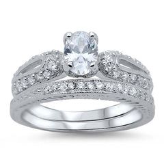 Sterling Silver Pave Set Clear CZ Fancy 2 Piece Engagement Ring Set with a 4 Prong Set Oval Cut Clear CZ in the CenterAnd Ring Face Height of 9MM and Ring Band Width of 3MM