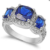 Sterling Silver Three Stones Blue Sapphire Square Shaped Clear CZ RingAnd Face Height 11mm