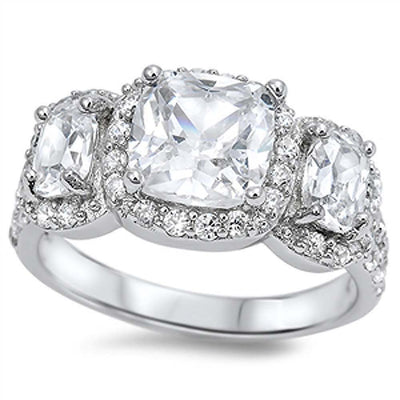 Sterling Silver Three Stones Square Shaped Clear CZ RingAnd Face Height 11mm