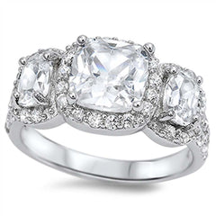 Sterling Silver Three Stones Square Shaped Clear CZ RingAnd Face Height 11mm
