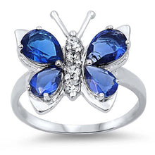 Load image into Gallery viewer, Sterling Silver Blue Sapphire Butterfly Shaped Clear CZ Ring, Face Height 7mm