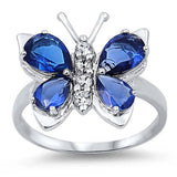 Sterling Silver Blue Sapphire Butterfly Shaped Clear CZ Ring, Face Height 7mm