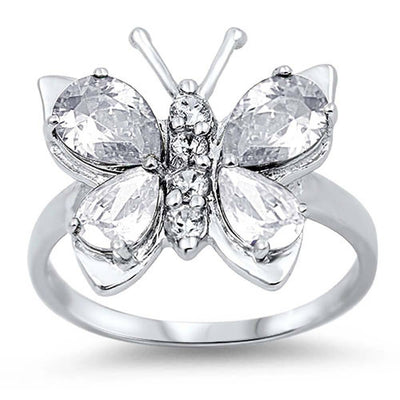 Sterling Silver Butterfly Shaped Clear CZ Ring, Face Height 7mm