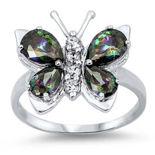 Load image into Gallery viewer, Sterling Silver Fancy Butterfly Ring with Pear Cut Rainbow Topaz On Prong Setting And Face Height of 7MM
