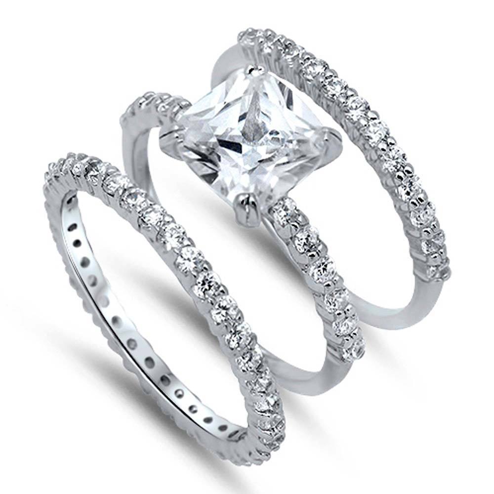 Sterling Silver Square Shaped Cubic Zirconia Wedding RingAnd Width Of 3 Bands 5.5mm