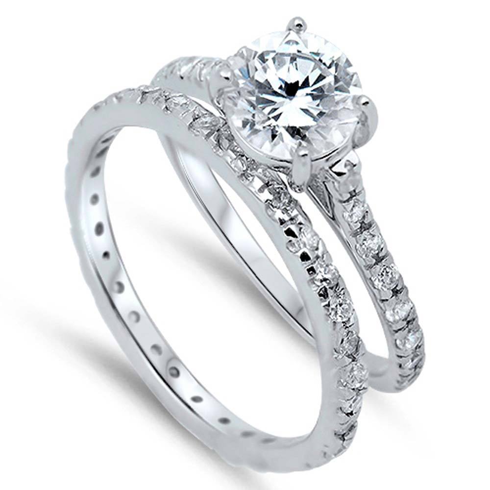 Sterling Silver Clear Round CZ on Prong Setting Bridal Set with Classy Pave Half-Bezel Setting & Rhodium Finish