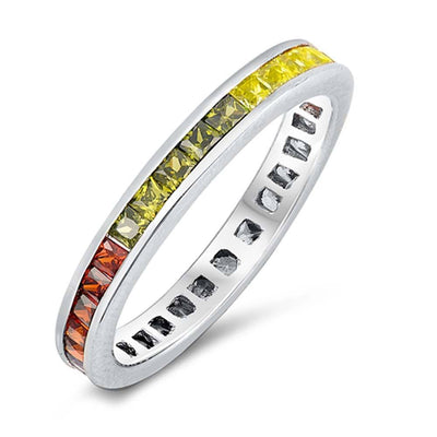 Sterling Silver Classy Eternity Single Band Ring with Multicolor Princess Cut CZ on Channel Setting with Rhodium Finish, Band Width 4MM