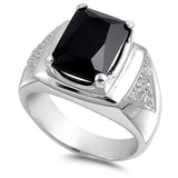 Sterling Silver Black Rectangle Shaped Men's CZ Ring And Face Height 16mmAnd Band Width 6mm