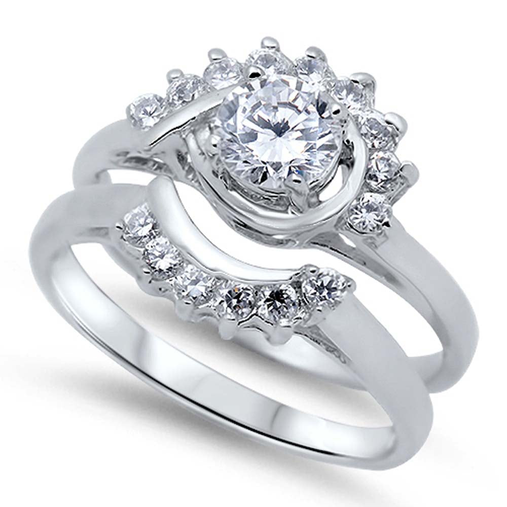 Sterling Silver Clear CZ Flower Shape 2 Piece Engagement Ring Set with a 4 Prong Set Round Clear CZ in the CenterAnd Ring Face Height of 13MM and Ring band Width of 4MM
