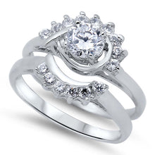 Load image into Gallery viewer, Sterling Silver Clear CZ Flower Shape 2 Piece Engagement Ring Set with a 4 Prong Set Round Clear CZ in the CenterAnd Ring Face Height of 13MM and Ring band Width of 4MM