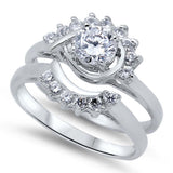 Sterling Silver Clear CZ Flower Shape 2 Piece Engagement Ring Set with a 4 Prong Set Round Clear CZ in the CenterAnd Ring Face Height of 13MM and Ring band Width of 4MM