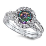 Sterling Silver Solitaire Halo Ring with Centered Round Cut Rainbow Topaz Simulated Diamond On Prong SettingAnd Face Height 6MM