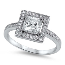 Load image into Gallery viewer, Sterling Silver Clear Princess Cut CZ Halo Style Solitaire Engagement Ring with Pave Said Views with Rhodium FinishAnd Face Height of 10mm