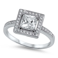 Sterling Silver Clear Princess Cut CZ Halo Style Solitaire Engagement Ring with Pave Said Views with Rhodium FinishAnd Face Height of 10mm
