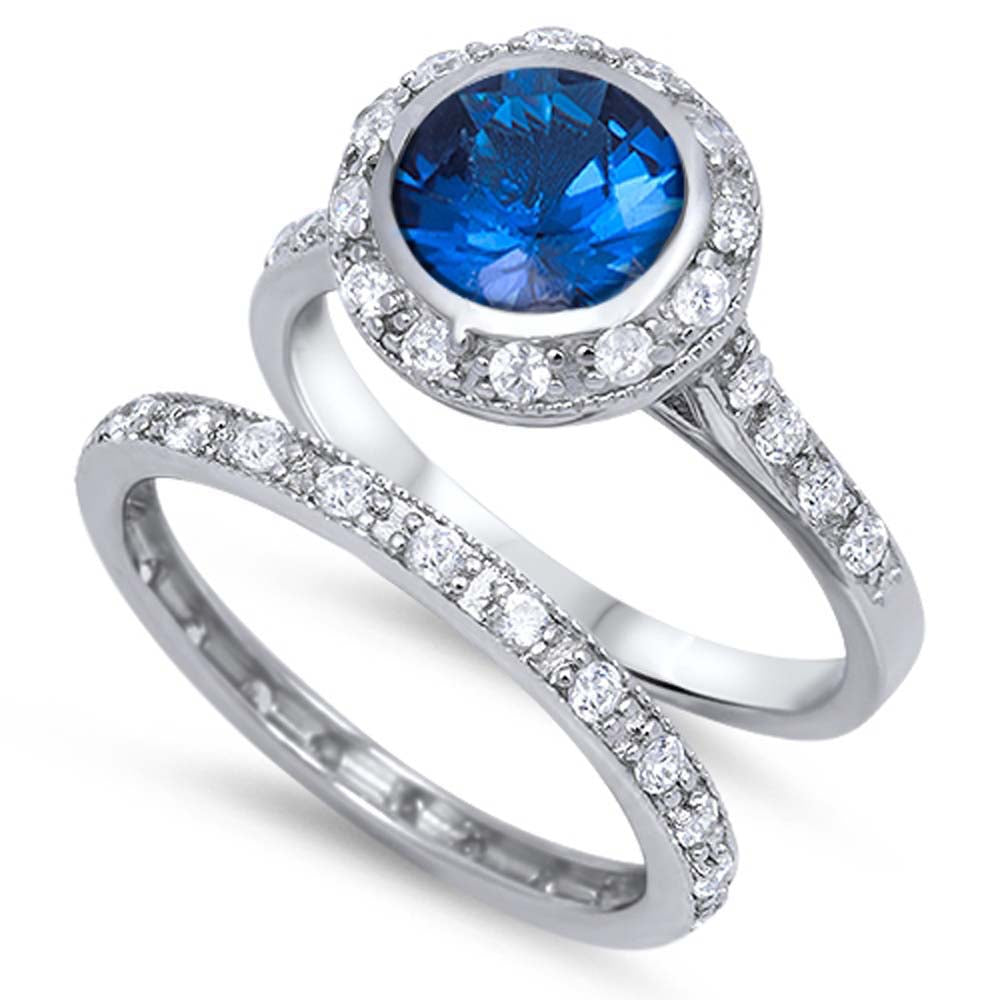 Sterling Silver Blue Sapphire Round CZ Bezel Set with Halo Pave Setting Bridal Set Eternity Band Inlaid with Clear Pave CZ, Face Height of 12MM