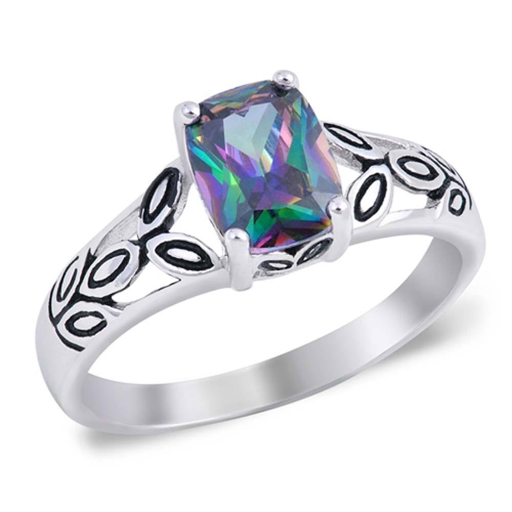 Sterling Silver Solitaire Rainbow Topaz Oval Cut Simulated Diamond with Facny Side View DesignAnd Face Height 8MM