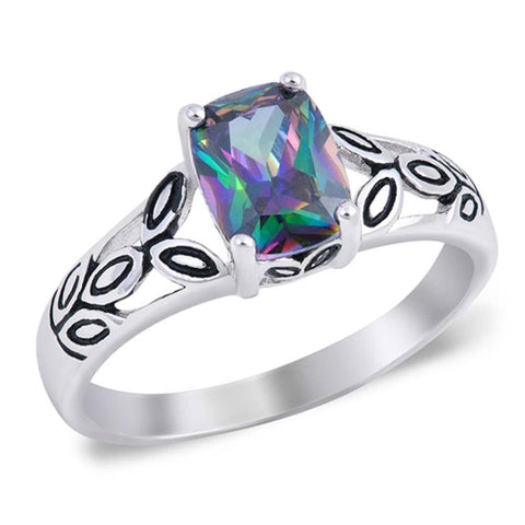 Sterling Silver Solitaire Rainbow Topaz Oval Cut Simulated Diamond with Facny Side View DesignAnd Face Height 8MM