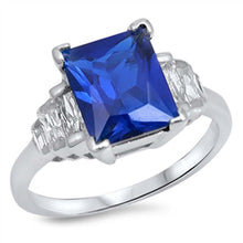Load image into Gallery viewer, Sterling Silver Princess Cut Blue Sapphire Rectangle Shaped Clear CZ RingAnd Face Height 11mm