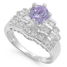 Load image into Gallery viewer, Sterling Silver Rhodium Plated Amethyst Round Steps Shaped Clear CZ RingAnd Face Height 12mm
